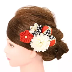 髪飾り 成人式 つまみ細工 赤 振袖 前撮り 袴 浴衣 夏祭り 花火大会 豪華5点セット 白 黒 ゴールド ちりめん 玉飾り 格子柄 ヘ No.9-4259