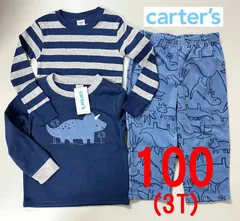 新品 3点 100 ★ Carters カーターズ キッズ フリース パジャマ 上下 セット 3T 恐竜 ブルー ルームウェア 長袖 ロングパンツ コットンTシャツ ボーイズ ガールズ ベビー 男の子 女の子 長ズボン ロングスリーブ 3PC Pajamas
