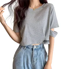 [ReiLuana] Tシャツ 半袖 ショート丈 カットソー レディース 袖 カジュアル ゆったり 無地 トップス (JP, アルファベット, M, グレー) [グレー] [M]