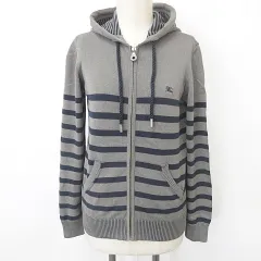バーバリーブルーレーベル BURBERRY BLUE LABEL パーカー ニット 長袖 ジップアップ フード ロゴ 綿 ボーダー グレー  黒 紺 38