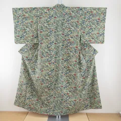 小紋 流水に花々模様 青色ｘ朱色ｘ緑色 袷 広衿 絹 仕立て上がり着物 身丈151cm