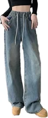 WesRiva アーバンクラウド デニム ルーズ ワイド ボトムス ズボン レディース ウエスト ゴム 紐 シンプル 無地 カジュアル 韓国風 韓流 プレゼント 贈り物 誕生日 おでかけ 軽い お祝い しんぷる ミモレ丈(ブルー,  L)