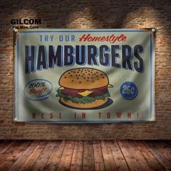 サインバナー　壁掛け フラッグ 旗 タペストリー　90×150cm 店舗　ディスプレイ　アメリカン　スタイル　ハンバーガー