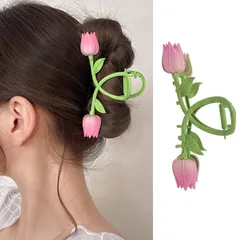 【在庫セール】バンスクリップ ヘアクリップ オフィス シンプル ヘアアクセサリー HAPVITAL 髪留め 髪飾り クリップ 大きめ オフィス 人気 おしゃれ 贈り物 レディース用 韓国風 (双花チューリップ)