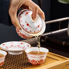景徳鎮製 粉彩龍紋 三才蓋碗 単品 蓋付き茶碗 白磁製 中華風 功夫茶器