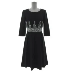 デビュー ド フィオレ Debut de Fiore ワンピース 花柄刺繍 七分袖 ミディ丈 タック 日本製 起毛 ウール ネイビー 濃紺 ホワイト 白 36