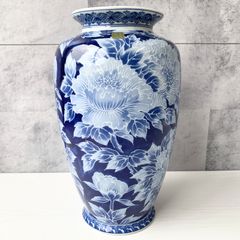 高級陶器 若山作 花瓶 花器 牡丹柄? 花柄 青色 ブルー 美術品 インテリア 置き物 飾り物