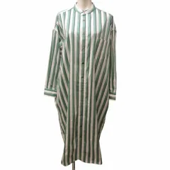 ティッカ TICCA 美品 近年 ノーカラー スクエア ビッグ ロング シャツ ワンピース ストライプ TBKA-184 緑 グリーン 紺 白 F 1030