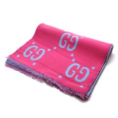 【楠本質店/元住吉】ほぼ未使用品　グッチ/GUCCI　505395　 GGジャガード ウールシルク　マフラー　サイズ：（約）35cm×190cm　ピンク×ブルー　レディース【中古】