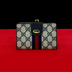 極 美品 GUCCI グッチ オールドグッチ ヴィンテージ シェリーライン ロゴ 金具 レザー がま口 二つ折り 財布 ウォレット ネイビー 29765