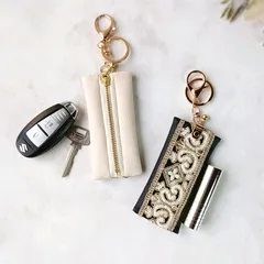 インド刺繍リボンの真ん中ファスナーキーホルダーミニポーチ　No.6　合成皮革