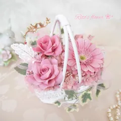 クレイフラワー ✲小鳥のフラワーバスケット✻ダスティピンク✲ フラワーアレンジメント ✲ 花かご