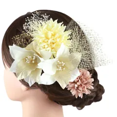 髪飾り 成人式 振袖 前撮り 袴 花 7点セット ゴールド 黄色 サーモンピンク オフホワイト カスミソウ レース リボン パールビ No.12-0920