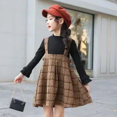 ☆ ブラック×ブラウン ☆ 150cm ☆ ワンピース スーツ 女の子 シンプル フォーマル ワンピース キッズ 女の子 長袖 サロペット ジャンスカ セットアップ トップス スカート セット ジャンパースカート フォーマル ドレス 子供 子供服 子ども