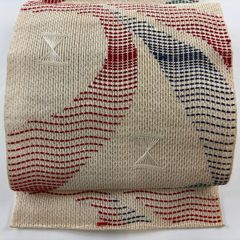 名古屋帯 秀品 夏帯 羅 八寸名古屋帯 松葉仕立て 幾何学 ベージュ 正絹 【中古】