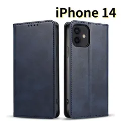 ［ショップス］ iPhone14 レザー風 スマホケース 手帳型 ネイビー 耐衝撃 マグネット式 カードケース　E