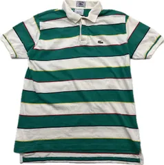 80s ☆ IZOD LACOSTE ☆ ボーダー グリーン ネイビー イエロー ホワイト ポロシャツ 半袖 M 春夏 アメカジ ヴィンテージ ラコステ■BG220のサムネイル