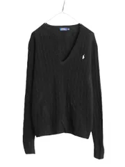 【お得なクーポン配布中!】 ポロ ラルフローレン Vネック ケーブル ニット セーター レディース XL 古着 カシミヤ メリノ ウール ワンポイント ブラック 大きいサイズ