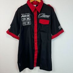 ワークシャツ 半袖 ワッペン 刺繍 企業ロゴ バイカラー ブラック レッド XXLサイズ メンズ 古着 ストリート アメカジ ワーク系 オーバーサイズ ゆるダボ ビッグシルエット