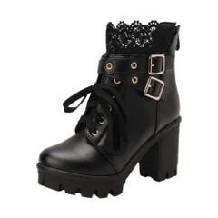 Guoyupika ショートブーツ レディース ブーツ ショート丈 レース 太めヒール 厚底 編み上げ PU ラウンドトゥ レースアップブーツ コスプレシューズ バックジッパー 履きやすい 歩きやすい 黒 白 おしゃれ