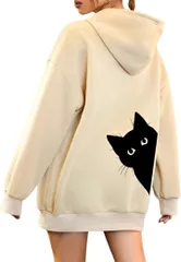 emptio エンプティオ ネコ ワンポイント パーカー カワイイ ユッタリ レディース 動物 フード付き トレーナー 部屋着 オーバーサイズ ジップ キレイメ 可愛い キャラクター モコモコ 長袖 プルオーバー 暖かい(アプリコット,  XL)