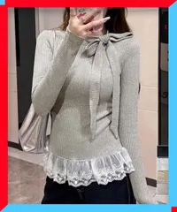 新品 リボンネックニット 裾レースカットソー秋 おしゃれ秋服レース フェミニントップス ボウタイ風ニット