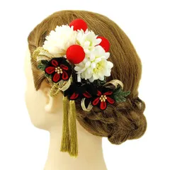 髪飾り 成人式 つまみ細工 赤 振袖 前撮り 袴 浴衣 夏祭り 花火大会 2点セット 白 黒 ちりめん 玉飾り 組紐 房付き ヘアアクセ No.9-3446