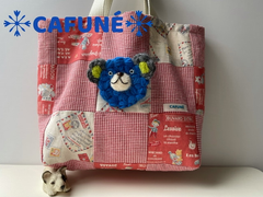 =リフ編みで編んだくまちゃんのブローチ付きパッチワークトートバッグ=