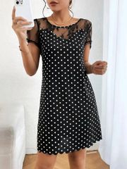 水玉メッシュスプライシングクルーネックワンピース　エレガントな半袖ワンピース　春夏用　レディース服　Lサイズ
