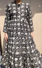 hah様⭐︎Saruche インド　ブロックプリント　ワンピース　黒　モノトーン Saruche インド ブロックプリント ワンピース 黒 モノトーン