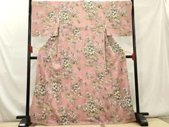 美品】単衣の小紋 更紗花文 鬼しぼ縮緬 正絹 バチ衿 六通袋帯 葡萄蔓