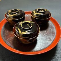 漆器　漆塗　高級吸物椀　木製　笹紋金蒔絵 時代物3個 輪島塗　 (s31503)