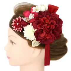 髪飾り 成人式 つまみ細工 赤 振袖 前撮り 袴 花 2点セット ワインレッド 白 ちりめん 房 房付き パール ラインストーン リボ No.12-0069