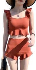 【スロウアンドメロウ】水着 ビスチェ フリル セパレート タンキニ レディース 体型カバー ハイウエスト パッド一体型 ビキニ ショートパンツ セットアップ 上下セット 2カラー タンクトップ オフショルダー かわいい カワイイ おしゃれ [ブラウン] [M]