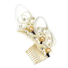 髪飾り コーム型 水引 ラインストーン パール ゴールド 白 キラキラ ラメ リーフ 葉 丸 円 サークル 小さい かんざし かわいい No.9-3410