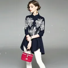 【ネイビー花柄刺繍★Ｌサイズ】レディース七分袖 ブラウス シャツ　Aライン　体型カバー　ゆったり　大きめ