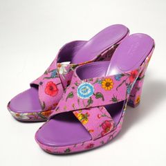 GUCCI グッチ フローラ サンダル ミュール 靴 レディース サイズ36（23.5cm相当）花柄 キャンバス チャンキーヒール ピンク イタリア製 ブランド古着【中古】20240228/GP3427