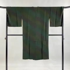 道行 身丈124cm 裄丈69cm L 和装コート 角衿 斜縞 ぼかし 深緑 正絹 名品 【中古】
