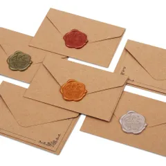 ★即日発送★TEMLUM メッセージカード 感謝カード ミニサイズ グリーティングカード 挨拶 封筒茶色 シーリングワックス シール4色 レトロ風 結婚式 招待状 誕生日 合計36点 12枚セット (レトロ)