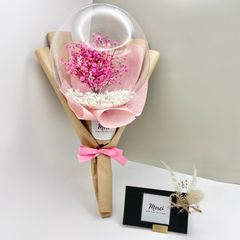 ピンク　かすみ草プリザ　フラワーバルーンブーケ