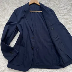 【極美品／L】春夏向け UNIQLO テーラードジャケット ネイビー シアサッカー 2B センターベント ストライプ内ポケット有