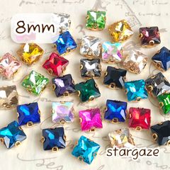 【 20個 】 8mm ガラス製 スクエア/正方形ストーン ビジュー 台座付きカボション カラーMIX