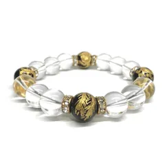 12mm 四神獣金彫オニキス×水晶 パワーストーン ブレスレット天然石 運気上昇 開運  [l] 金運 恋愛運 お守り 青龍 白虎 玄武 朱雀 4月誕生石 （ゴールド）メンズ・レディース　男性・女性　数珠ブレス　開運  [l]