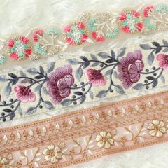 インド刺繍　リボン　パープルお花セット　30cm×3本セット