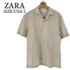 ZARA 半袖 開襟シャツ US L ベージュ 刺繍　リネンシャツ メンズ 古着 大きいサイズ 大きめ カジュアル 涼しい 淡色