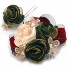 髪飾り ２点セット 緑 リボン パール 成人式 花 和風 浴衣 着物 振袖 袴 ドレス 七五三 子供 キッズ 結婚式お呼ばれ 卒業式 入学式 ヘアアクセサリー コーム 髪留め 大きめ 日本製 送料無料 グリーン W 65 324-202 u971　Si