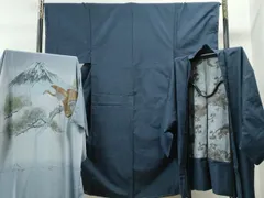 平和屋着物●男性　紬　アンサンブル・長襦袢セット　色無地　留紺色　正絹　逸品　未使用　CAAS6846yc