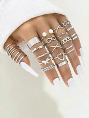 リング レディース セット ハート バタフライ `8` スパイラル クロス フォークパール リングセット 22個入り、デートやバカンスでのギフト、バレンタイン、母の日のプレゼントに最適