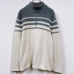 【美品】Eddie Bauer エディーバウアー グレー オフホワイト ボタン刻印 ボーダー柄 メンズ M 防寒 プルオーバー ミドル丈 長袖 トップス 生地 コットン100% ニット ハーフジップセーター KHｰZｰ241145(SA)