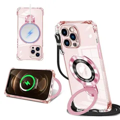 iPhone 12 Pro Max 用 ケース クリア MagSafe対応 リング付き ネック ショルダー アイフォン12プロマックス 縄掛けケース 透明 肩掛け 斜めかけ 韓国 可愛い 縄掛け カバー 丸型スタンド付き マグネット搭載 縦横両対応 耐衝撃 1